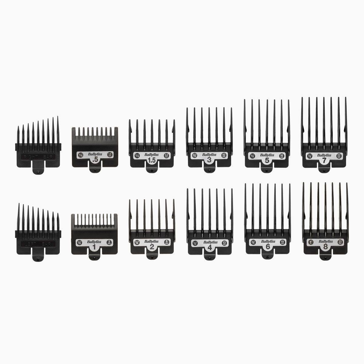 10 guides de peigne pour les &eacute;tapes 0,5-8 (0,8 mm - 25 mm). guides pour l'oreille gauche et droite